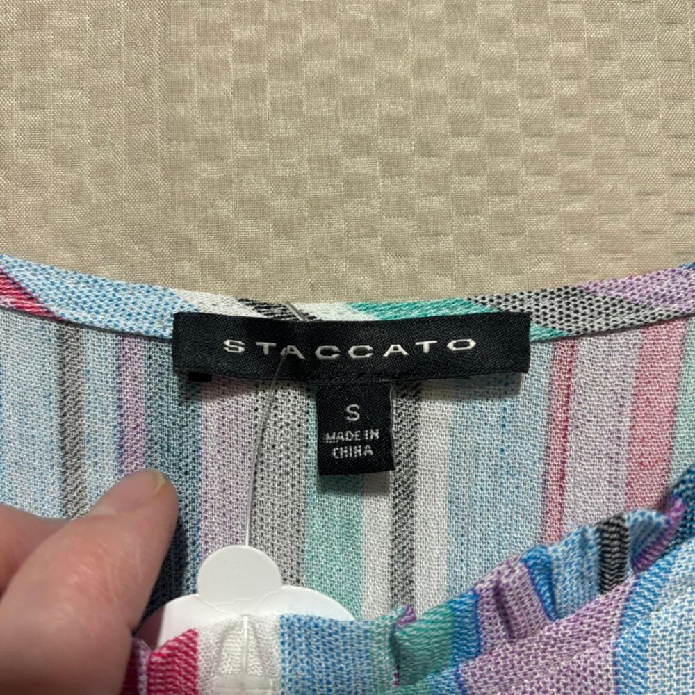 Staccato Size S Striped Tiered Lined Dress NWT Pink Blue Purple Midi Length - Picture 4 of 10